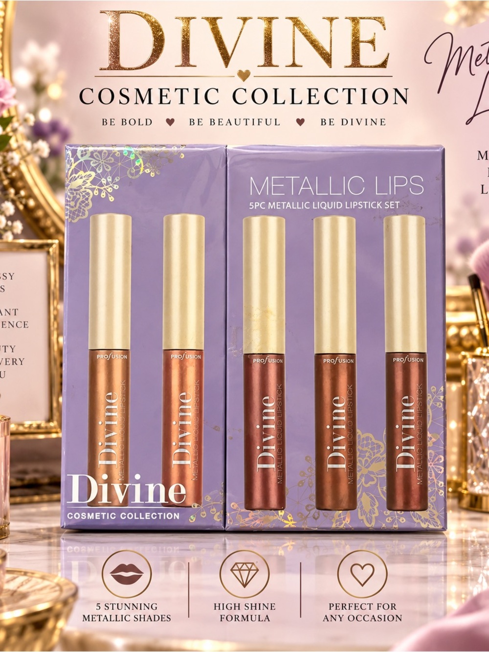 Divine Metallic Lips 5pc Liquid Lipstick Set - Rose Gold & Bronze
